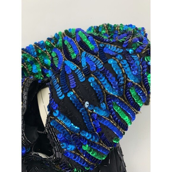 Stenay Silk Beaded Dress Sheath Short Sleeves Blue Black Peacock Feathers Size 6 - Picture 14 of 16